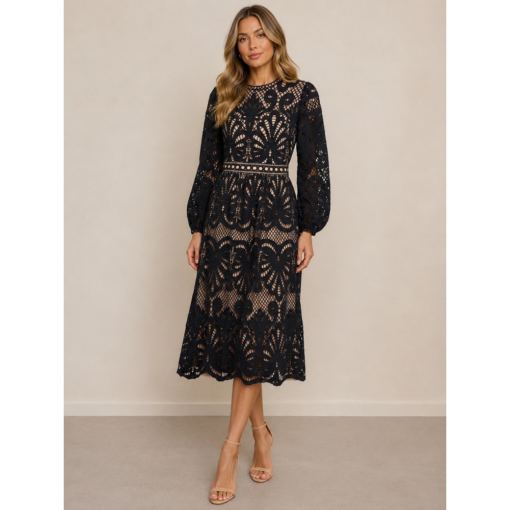Baltic Born Black Lace Midi Dress with Nude Lining